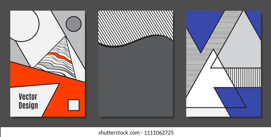 Abstract Geometric Backgrounds in Trendy Bright Colors. Placard Templates Set with Handwritten Wavy Stripes. Covers with Triangles and Abstract Geometric Shapes in Bauhaus Style for Brochure, Layout.