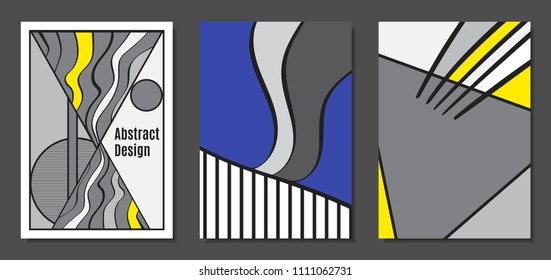 Abstract Geometric Backgrounds in Trendy Bright Colors. Placard Templates Set with Handwritten Wavy Stripes. Covers with Triangles and Abstract Geometric Shapes in Bauhaus Style for Brochure, Layout.