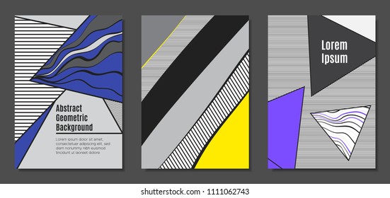 Abstract Geometric Backgrounds in Trendy Bright Colors. Placard Templates Set with Handwritten Wavy Stripes. Covers with Triangles and Abstract Geometric Shapes in Bauhaus Style for Brochure, Layout.