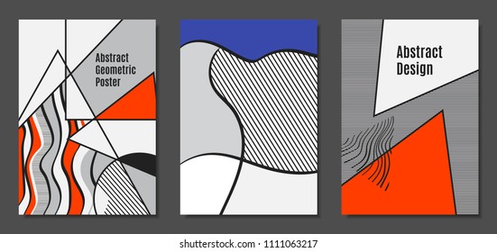 Abstract Geometric Backgrounds in Trendy Bright Colors. Placard Templates Set with Handwritten Wavy Stripes. Covers with Triangles and Abstract Geometric Shapes in Bauhaus Style for Brochure, Layout.
