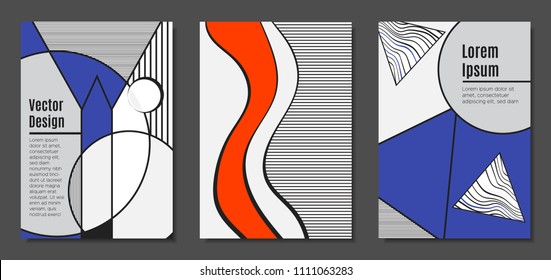 Abstract Geometric Backgrounds in Trendy Bright Colors. Placard Templates Set with Handwritten Wavy Stripes. Covers with Triangles and Abstract Geometric Shapes in Bauhaus Style for Brochure, Layout.