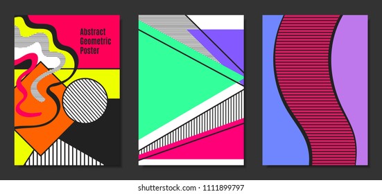 Abstract Geometric Backgrounds in Trendy Bright Colors. Placard Templates Set with Handwritten Wavy Stripes. Covers with Triangles and Abstract Geometric Shapes in Bauhaus Style for Brochure, Layout.