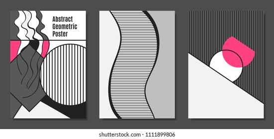 Abstract Geometric Backgrounds in Trendy Bright Colors. Placard Templates Set with Handwritten Wavy Stripes. Covers with Triangles and Abstract Geometric Shapes in Bauhaus Style for Brochure, Layout.