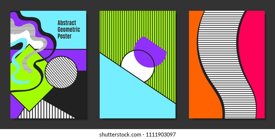 Abstract Geometric Backgrounds in Trendy Bright Colors. Placard Templates Set with Handwritten Wavy Stripes. Covers with Triangles and Abstract Geometric Shapes in Bauhaus Style for Brochure, Layout.