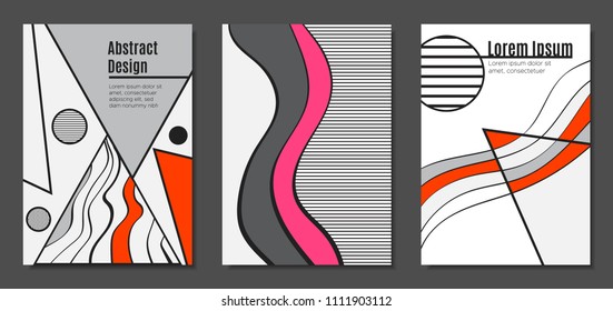 Abstract Geometric Backgrounds in Trendy Bright Colors. Placard Templates Set with Handwritten Wavy Stripes. Covers with Triangles and Abstract Geometric Shapes in Bauhaus Style for Brochure, Layout.