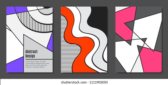 Abstract Geometric Backgrounds in Trendy Bright Colors. Placard Templates Set with Handwritten Wavy Stripes. Covers with Triangles and Abstract Geometric Shapes in Bauhaus Style for Brochure, Layout.