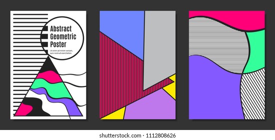 Abstract Geometric Backgrounds in Trendy Bright Colors. Placard Templates Set with Handwritten Wavy Stripes. Covers with Triangles and Abstract Geometric Shapes in Bauhaus Style for Brochure, Layout.