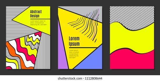 Abstract Geometric Backgrounds in Trendy Bright Colors. Placard Templates Set with Handwritten Wavy Stripes. Covers with Triangles and Abstract Geometric Shapes in Bauhaus Style for Brochure, Layout.