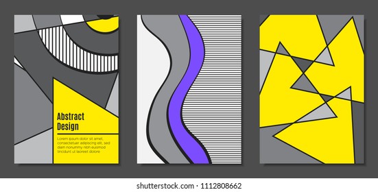 Abstract Geometric Backgrounds in Trendy Bright Colors. Placard Templates Set with Handwritten Wavy Stripes. Covers with Triangles and Abstract Geometric Shapes in Bauhaus Style for Brochure, Layout.