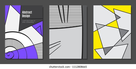 Abstract Geometric Backgrounds in Trendy Bright Colors. Placard Templates Set with Handwritten Wavy Stripes. Covers with Triangles and Abstract Geometric Shapes in Bauhaus Style for Brochure, Layout.