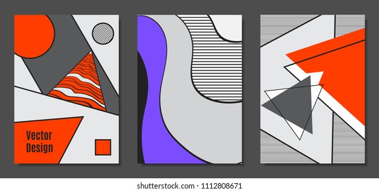 Abstract Geometric Backgrounds in Trendy Bright Colors. Placard Templates Set with Handwritten Wavy Stripes. Covers with Triangles and Abstract Geometric Shapes in Bauhaus Style for Brochure, Layout.