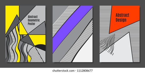 Abstract Geometric Backgrounds in Trendy Bright Colors. Placard Templates Set with Handwritten Wavy Stripes. Covers with Triangles and Abstract Geometric Shapes in Bauhaus Style for Brochure, Layout.