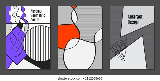 Abstract Geometric Backgrounds in Trendy Bright Colors. Placard Templates Set with Handwritten Wavy Stripes. Covers with Triangles and Abstract Geometric Shapes in Bauhaus Style for Brochure, Layout.