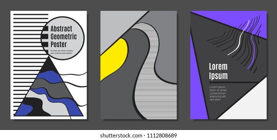 Abstract Geometric Backgrounds in Trendy Bright Colors. Placard Templates Set with Handwritten Wavy Stripes. Covers with Triangles and Abstract Geometric Shapes in Bauhaus Style for Brochure, Layout.