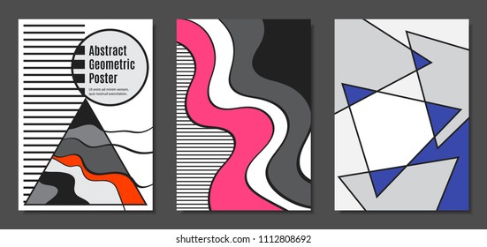 Abstract Geometric Backgrounds in Trendy Bright Colors. Placard Templates Set with Handwritten Wavy Stripes. Covers with Triangles and Abstract Geometric Shapes in Bauhaus Style for Brochure, Layout.