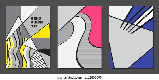 Abstract Geometric Backgrounds in Trendy Bright Colors. Placard Templates Set with Handwritten Wavy Stripes. Covers with Triangles and Abstract Geometric Shapes in Bauhaus Style for Brochure, Layout.