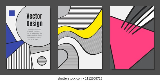 Abstract Geometric Backgrounds in Trendy Bright Colors. Placard Templates Set with Handwritten Wavy Stripes. Covers with Triangles and Abstract Geometric Shapes in Bauhaus Style for Brochure, Layout.