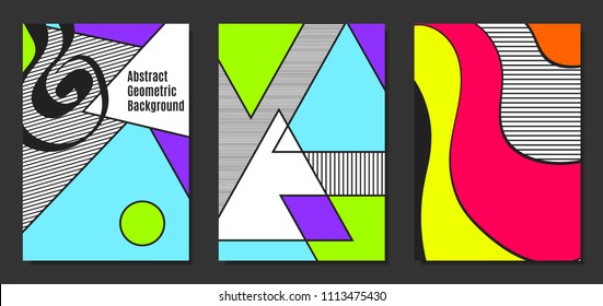 Abstract Geometric Backgrounds in Trendy Bright Colors. Placard Templates Set with Handwritten Wavy Stripes. Covers with Triangles and Abstract Geometric Shapes in Bauhaus Style for Brochure, Layout.