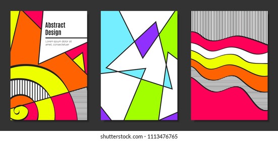 Abstract Geometric Backgrounds in Trendy Bright Colors. Placard Templates Set with Handwritten Wavy Stripes. Covers with Triangles and Abstract Geometric Shapes in Bauhaus Style for Brochure, Layout.