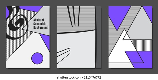 Abstract Geometric Backgrounds in Trendy Bright Colors. Placard Templates Set with Handwritten Wavy Stripes. Covers with Triangles and Abstract Geometric Shapes in Bauhaus Style for Brochure, Layout.