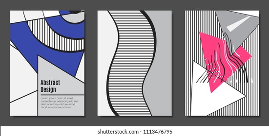 Abstract Geometric Backgrounds in Trendy Bright Colors. Placard Templates Set with Handwritten Wavy Stripes. Covers with Triangles and Abstract Geometric Shapes in Bauhaus Style for Brochure, Layout.
