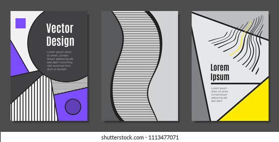 Abstract Geometric Backgrounds in Trendy Bright Colors. Placard Templates Set with Handwritten Wavy Stripes. Covers with Triangles and Abstract Geometric Shapes in Bauhaus Style for Brochure, Layout.