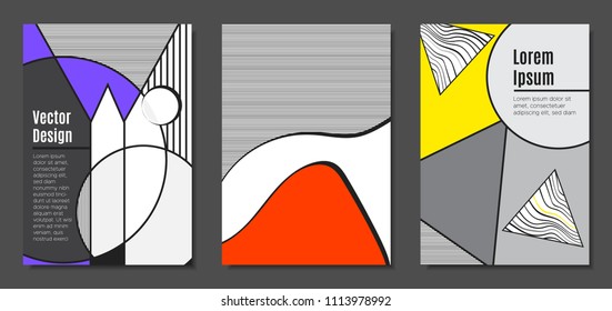Abstract Geometric Backgrounds in Trendy Bright Colors. Placard Templates Set with Handwritten Wavy Stripes. Covers with Triangles and Abstract Geometric Shapes in Bauhaus Style for Brochure, Layout.