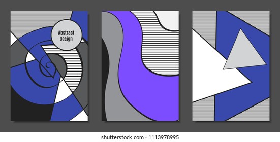 Abstract Geometric Backgrounds in Trendy Bright Colors. Placard Templates Set with Handwritten Wavy Stripes. Covers with Triangles and Abstract Geometric Shapes in Bauhaus Style for Brochure, Layout.
