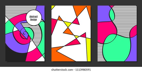 Abstract Geometric Backgrounds in Trendy Bright Colors. Placard Templates Set with Handwritten Wavy Stripes. Covers with Triangles and Abstract Geometric Shapes in Bauhaus Style for Brochure, Layout.