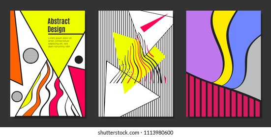 Abstract Geometric Backgrounds in Trendy Bright Colors. Placard Templates Set with Handwritten Wavy Stripes. Covers with Triangles and Abstract Geometric Shapes in Bauhaus Style for Brochure, Layout.