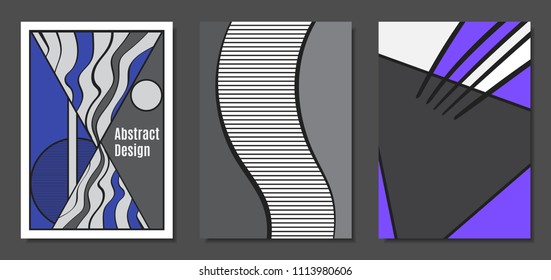Abstract Geometric Backgrounds in Trendy Bright Colors. Placard Templates Set with Handwritten Wavy Stripes. Covers with Triangles and Abstract Geometric Shapes in Bauhaus Style for Brochure, Layout.