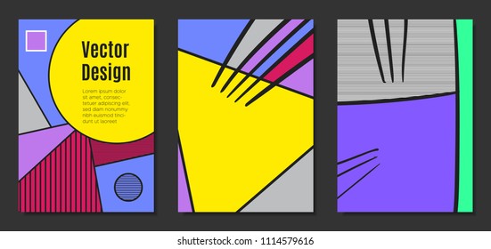 Abstract Geometric Backgrounds in Trendy Bright Colors. Placard Templates Set with Handwritten Wavy Stripes. Covers with Triangles and Abstract Geometric Shapes in Bauhaus Style for Brochure, Layout.