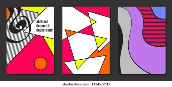 Abstract Geometric Backgrounds in Trendy Bright Colors. Placard Templates Set with Handwritten Wavy Stripes. Covers with Triangles and Abstract Geometric Shapes in Bauhaus Style for Brochure, Layout.