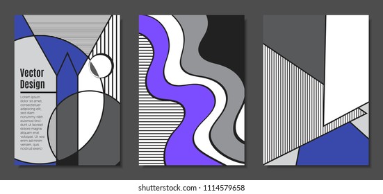 Abstract Geometric Backgrounds in Trendy Bright Colors. Placard Templates Set with Handwritten Wavy Stripes. Covers with Triangles and Abstract Geometric Shapes in Bauhaus Style for Brochure, Layout.