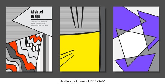 Abstract Geometric Backgrounds in Trendy Bright Colors. Placard Templates Set with Handwritten Wavy Stripes. Covers with Triangles and Abstract Geometric Shapes in Bauhaus Style for Brochure, Layout.