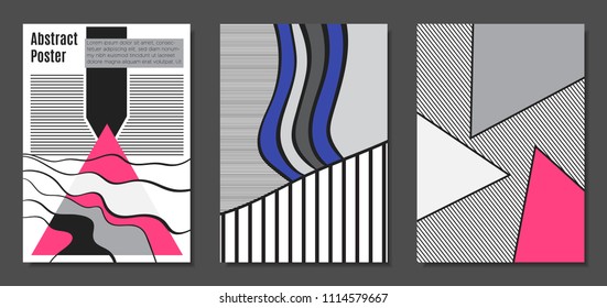Abstract Geometric Backgrounds in Trendy Bright Colors. Placard Templates Set with Handwritten Wavy Stripes. Covers with Triangles and Abstract Geometric Shapes in Bauhaus Style for Brochure, Layout.