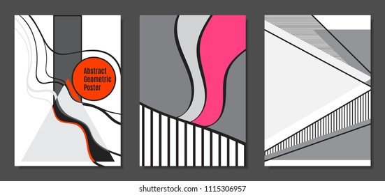 Abstract Geometric Backgrounds in Trendy Bright Colors. Placard Templates Set with Handwritten Wavy Stripes. Covers with Triangles and Abstract Geometric Shapes in Bauhaus Style for Brochure, Layout.