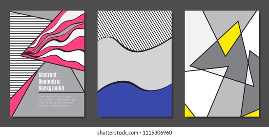 Abstract Geometric Backgrounds in Trendy Bright Colors. Placard Templates Set with Handwritten Wavy Stripes. Covers with Triangles and Abstract Geometric Shapes in Bauhaus Style for Brochure, Layout.