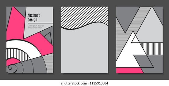 Abstract Geometric Backgrounds in Trendy Bright Colors. Placard Templates Set with Handwritten Wavy Stripes. Covers with Triangles and Abstract Geometric Shapes in Bauhaus Style for Brochure, Layout.