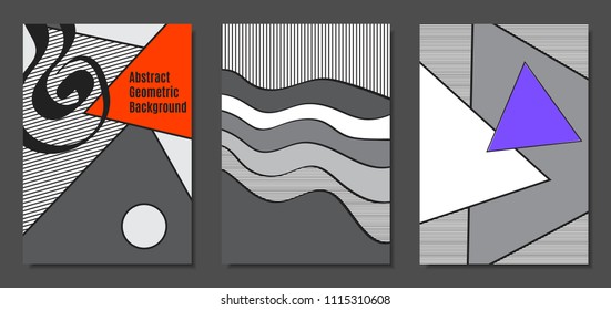 Abstract Geometric Backgrounds in Trendy Bright Colors. Placard Templates Set with Handwritten Wavy Stripes. Covers with Triangles and Abstract Geometric Shapes in Bauhaus Style for Brochure, Layout.