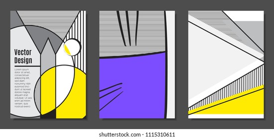 Abstract Geometric Backgrounds in Trendy Bright Colors. Placard Templates Set with Handwritten Wavy Stripes. Covers with Triangles and Abstract Geometric Shapes in Bauhaus Style for Brochure, Layout.