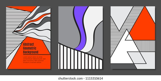 Abstract Geometric Backgrounds in Trendy Bright Colors. Placard Templates Set with Handwritten Wavy Stripes. Covers with Triangles and Abstract Geometric Shapes in Bauhaus Style for Brochure, Layout.