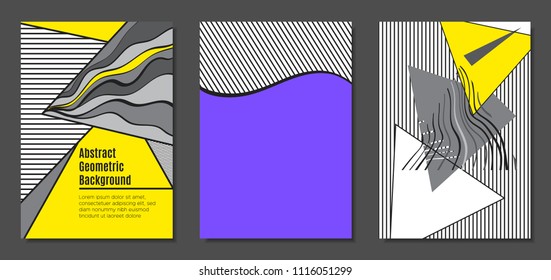 Abstract Geometric Backgrounds in Trendy Bright Colors. Placard Templates Set with Handwritten Wavy Stripes. Covers with Triangles and Abstract Geometric Shapes in Bauhaus Style for Brochure, Layout.