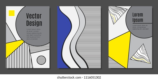 Abstract Geometric Backgrounds in Trendy Bright Colors. Placard Templates Set with Handwritten Wavy Stripes. Covers with Triangles and Abstract Geometric Shapes in Bauhaus Style for Brochure, Layout.