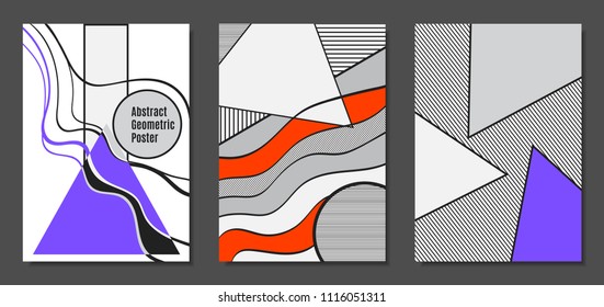 Abstract Geometric Backgrounds in Trendy Bright Colors. Placard Templates Set with Handwritten Wavy Stripes. Covers with Triangles and Abstract Geometric Shapes in Bauhaus Style for Brochure, Layout.