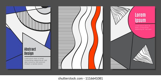 Abstract Geometric Backgrounds in Trendy Bright Colors. Placard Templates Set with Handwritten Wavy Stripes. Covers with Triangles and Abstract Geometric Shapes in Bauhaus Style for Brochure, Layout.