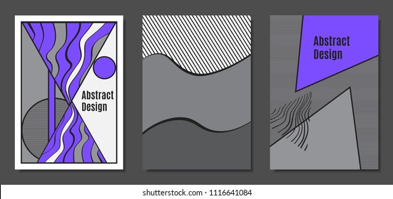 Abstract Geometric Backgrounds in Trendy Bright Colors. Placard Templates Set with Handwritten Wavy Stripes. Covers with Triangles and Abstract Geometric Shapes in Bauhaus Style for Brochure, Layout.