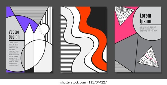 Abstract Geometric Backgrounds in Trendy Bright Colors. Placard Templates Set with Handwritten Wavy Stripes. Covers with Triangles and Abstract Geometric Shapes in Bauhaus Style for Brochure, Layout.