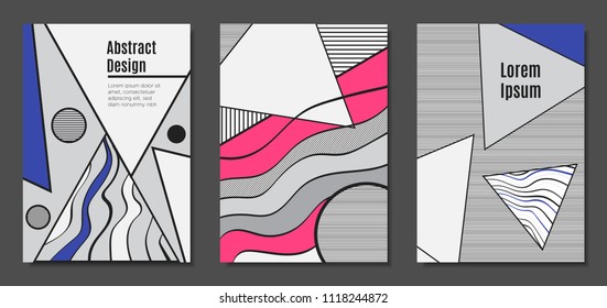 Abstract Geometric Backgrounds in Trendy Bright Colors. Placard Templates Set with Handwritten Wavy Stripes. Covers with Triangles and Abstract Geometric Shapes in Bauhaus Style for Brochure, Layout.
