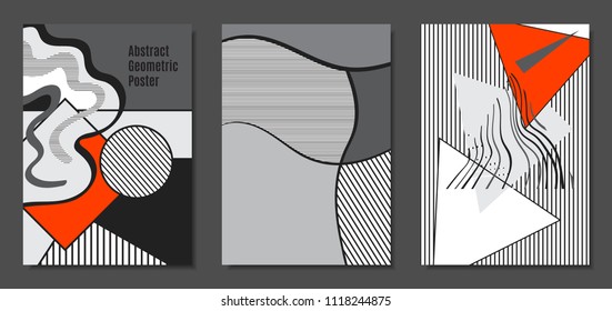 Abstract Geometric Backgrounds in Trendy Bright Colors. Placard Templates Set with Handwritten Wavy Stripes. Covers with Triangles and Abstract Geometric Shapes in Bauhaus Style for Brochure, Layout.